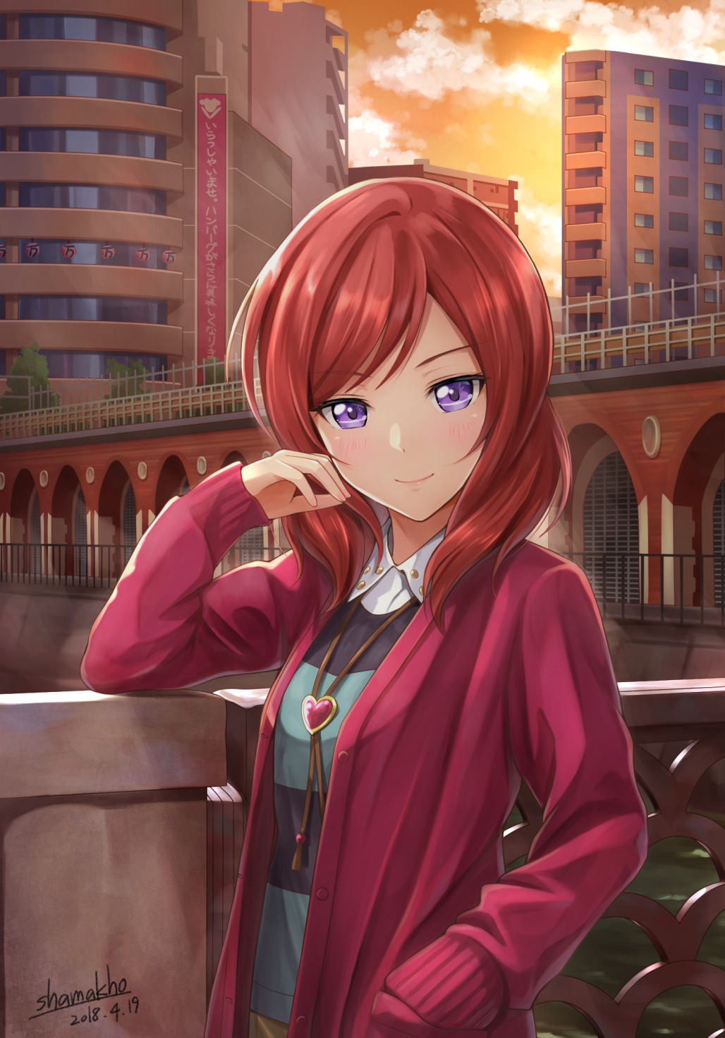 1girl artist_name bangs blue_shirt bolo_tie bridge building cardigan clouds cloudy_sky collared_shirt commentary_request dated elbow_rest hand_in_pocket hand_on_own_cheek hand_on_own_face head_rest heart highres light_blush long_hair long_sleeves looking_at_viewer love_live! love_live!_school_idol_project medium_hair nishikino_maki open_cardigan open_clothes orange_sky outdoors pink_cardigan railing redhead shamakho shirt sky skyscraper smile solo standing striped striped_shirt twilight upper_body violet_eyes