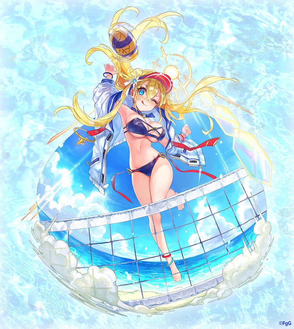 ancient_killers_(phantom_of_the_kill) aqua_eyes artist_request bikini blonde_hair blue_sky bracelet breasts clouds cloudy_sky dress gisla_(phantom_of_the_kill) hair_between_eyes jacket jewelry jumping large_breasts looking_at_viewer motion_lines navel ocean official_art one_eye_closed phantom_of_the_kill scrunchie sky sun sundress swimsuit twintails visor_cap volleyball volleyball_net