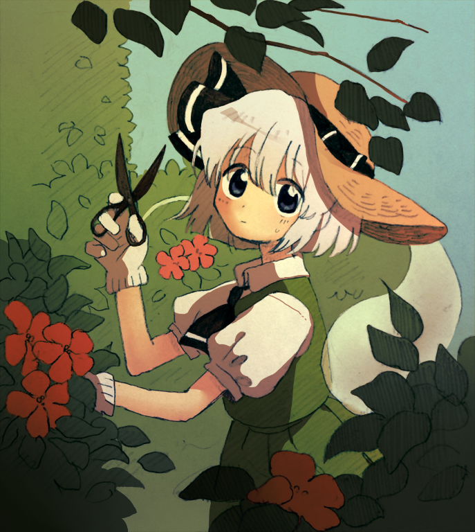 1girl ascot blue_eyes collared_shirt cowboy_shot flower gardening gloves hat hat_ribbon hedge_(plant) hedge_clippers ka_(marukogedago) konpaku_youmu konpaku_youmu_(ghost) looking_at_viewer puffy_short_sleeves puffy_sleeves ribbon shirt short_hair short_sleeves silver_hair skirt skirt_set solo straw_hat sweatdrop touhou vest white_gloves