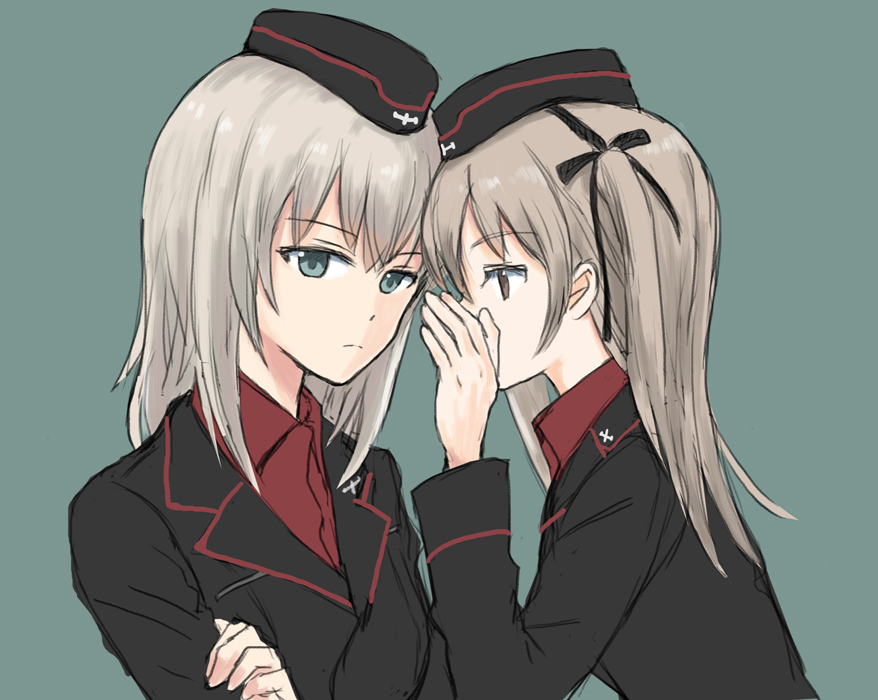 2girls alternate_costume bangs black_hat black_jacket black_ribbon blue_eyes commentary covering_mouth crossed_arms dress_shirt emblem eyebrows_visible_through_hair frown garrison_cap girls_und_panzer grey_background hair_ribbon hat itsumi_erika jacket kuromorimine_military_uniform light_brown_hair long_hair long_sleeves looking_at_another looking_at_viewer military military_hat military_uniform multiple_girls mutsu_(layergreen) older red_shirt ribbon shimada_arisu shirt side_ponytail silver_hair uniform upper_body whispering wing_collar