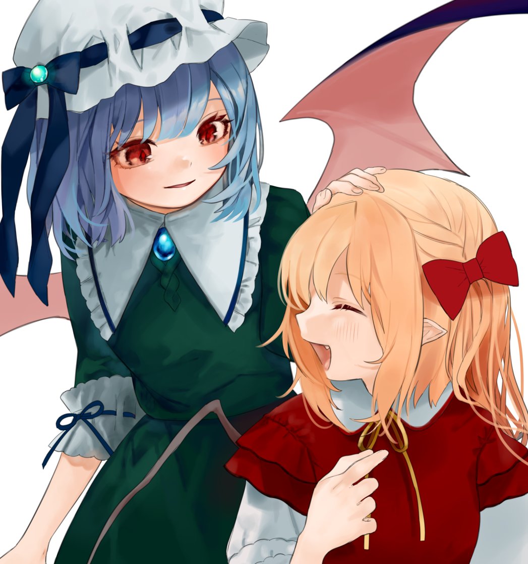2girls alternate_costume bangs bat_wings black_wings blonde_hair blue_hair blue_ribbon blunt_bangs blush bow brooch closed_eyes commentary_request dress fang fingernails flandre_scarlet gotoh510 green_dress hair_bow hand_on_another's_head hat jewelry medium_hair mob_cap multiple_girls open_mouth pointy_ears red_bow red_dress red_eyes remilia_scarlet ribbon ribbon-trimmed_sleeves ribbon_trim siblings simple_background sisters smile touhou upper_body white_background white_hat wings