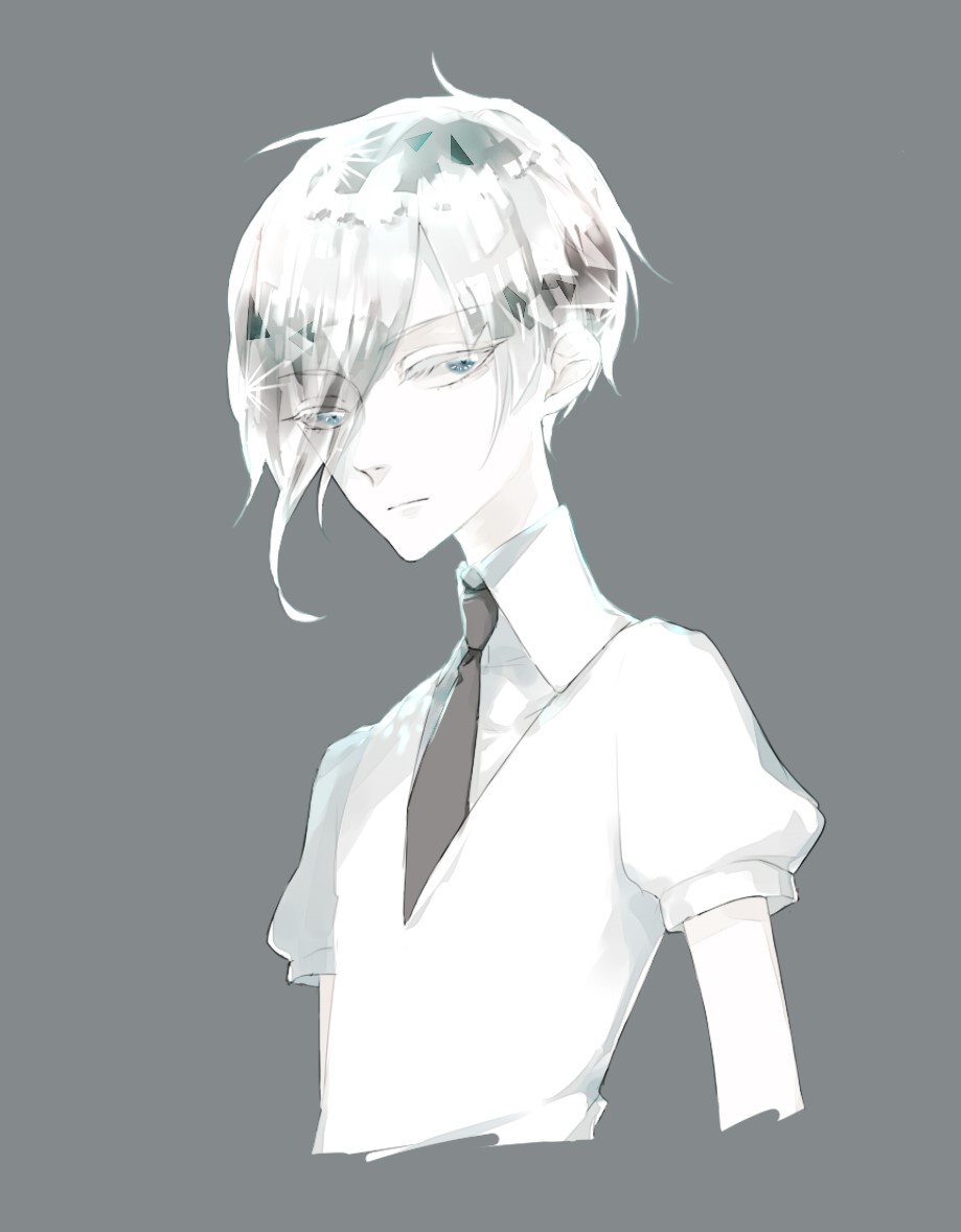 1other androgynous antarcticite blue_eyes colored_eyelashes crystal_hair expressionless eyebrows_visible_through_hair eyes_visible_through_hair gem_uniform_(houseki_no_kuni) grey_background hair_over_one_eye houseki_no_kuni long_bangs looking_at_viewer necktie s06y02 short_hair silver_hair solo upper_body white_hair white_skin