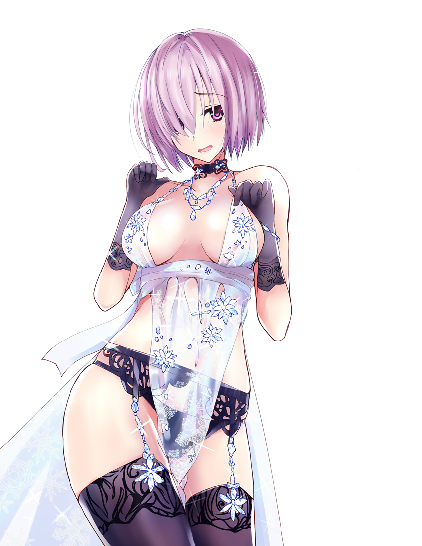 1girl babydoll black_gloves black_legwear black_panties blush breasts choker cleavage collarbone covered_navel fate/grand_order fate_(series) garter_belt gloves hair_over_one_eye hips jewelry lavender_hair lingerie looking_at_viewer mash_kyrielight medium_breasts necklace open_mouth panties rikudou_inuhiko royal_icing see-through short_hair simple_background smile snowflake_print solo sparkle thigh-highs thighs underwear violet_eyes waist white_background