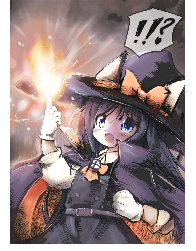 !!? 1girl adapted_costume asashio_(kantai_collection) black_hair blue_eyes blush buttons cape dress eyebrows_visible_through_hair fire gloves hair_between_eyes halloween hat kantai_collection kouba long_hair long_sleeves neck_ribbon nib_pen_(medium) open_mouth pinafore_dress pleated_skirt pyrokinesis remodel_(kantai_collection) ribbon school_uniform shirt skirt smile solo traditional_media white_gloves white_shirt witch_hat