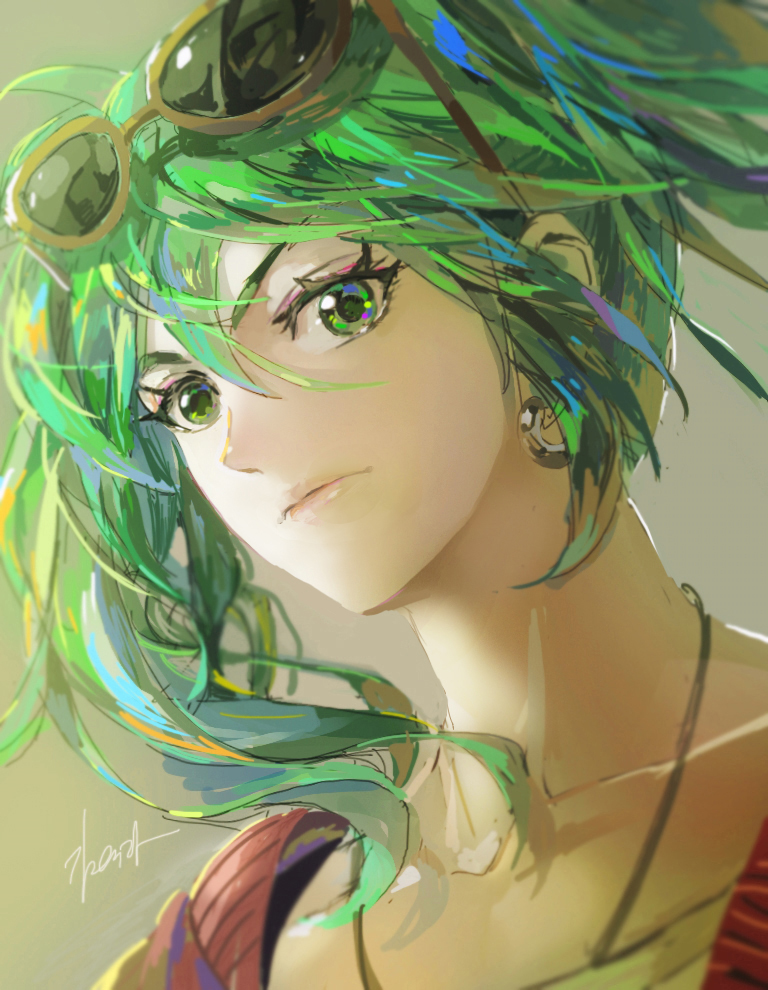 1girl artist_name blonde_hair blue_eyes blue_hair blurry close-up depth_of_field earrings expressionless eyelashes eyewear_on_head face floating_hair frown green_eyes green_hair grey_background hatsune_miku jewelry kim_yura_(goddess_mechanic) looking_away multicolored multicolored_eyes multicolored_hair necklace orange_hair purple_hair shaded_face signature simple_background solo suna_no_wakusei_(vocaloid) sunglasses twintails upper_body violet_eyes vocaloid yellow_eyes