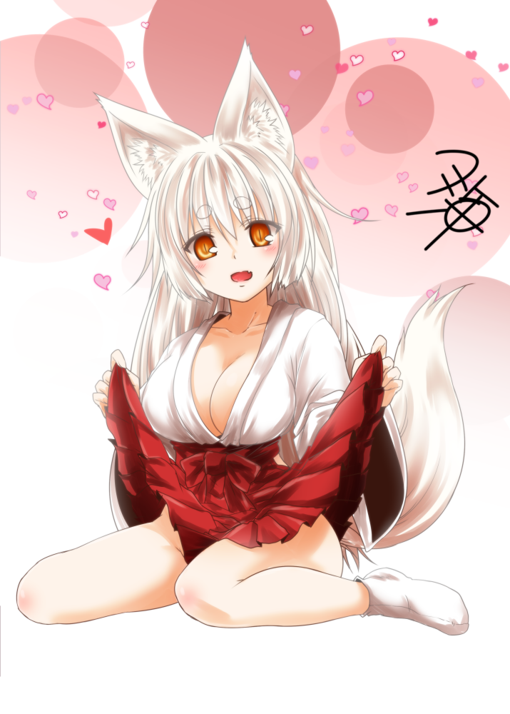 1girl animal_ears bangs bare_legs blush breasts cleavage collarbone commentary_request eyebrows_visible_through_hair fox_ears fox_tail hair_between_eyes heart holding_skirt japanese_clothes kohaku_(yua) large_breasts looking_at_viewer miko no_panties open_mouth oppai_loli original red_skirt shirt signature sitting skirt socks solo tail wariza white_hair white_legwear white_shirt yellow_eyes yua_(checkmate)