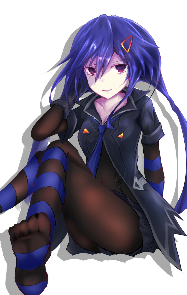 1girl :d ankokuboshi_kurome ass black_shirt black_skirt blue_hair blue_neckwear bodysuit braid breasts cleavage collarbone commentary_request covered_navel feet feet_up gloves hair_between_eyes hair_ornament hairclip highres knees_up legs_crossed long_hair looking_at_viewer necktie neptune_(series) niche-tan open_mouth panties_under_bodysuit shin_jigen_game_neptune_vii shirt simple_background skin_tight skirt smile solo striped striped_legwear suspender_skirt suspenders thighs twin_braids twintails very_long_hair violet_eyes white_background