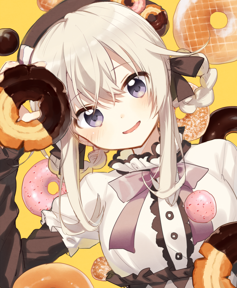 1girl arm_up bangs blush bow boyano braid breasts brown_bow character_request commentary doughnut dutch_angle eyebrows_visible_through_hair food hair_between_eyes hair_bow hair_rings head_tilt holding holding_food light_brown_hair long_hair long_sleeves looking_at_viewer medium_breasts orange_background puffy_short_sleeves puffy_sleeves purple_bow shirt short_over_long_sleeves short_sleeves sidelocks solo symbol_commentary twin_braids uchi_no_hime-sama_ga_ichiban_kawaii violet_eyes white_shirt