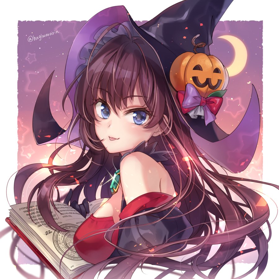 1girl ahoge bangs bare_shoulders black_gloves blue_eyes blush book border bow breasts brown_hair crescent_moon dress gloves hagiwara_rin hair_between_eyes halloween halloween_costume hat ichinose_shiki idolmaster idolmaster_cinderella_girls jack-o'-lantern_ornament jewelry long_hair looking_at_viewer looking_to_the_side medium_breasts moon open_book pendant puffy_sleeves red_dress smile solo star starry_background tongue tongue_out white_border witch witch_hat