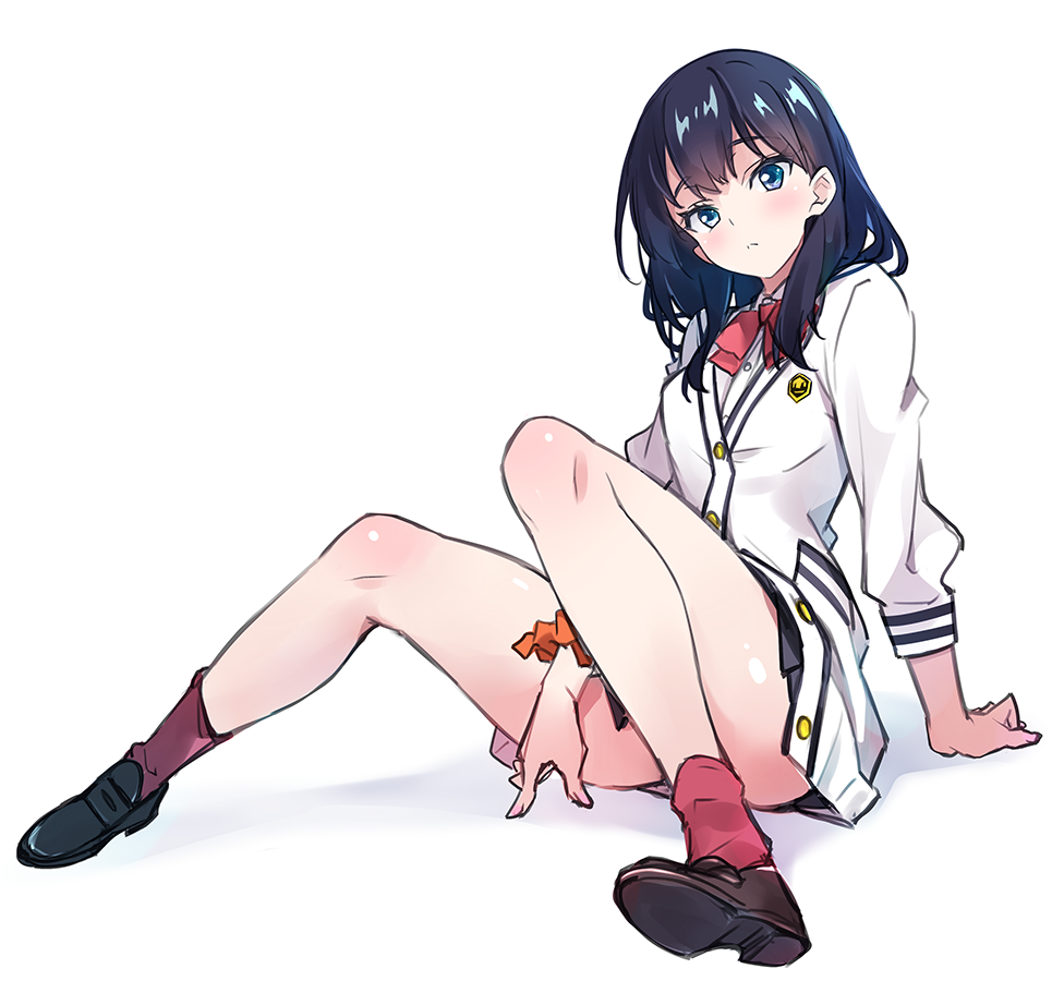 1girl arm_support bangs black_hair black_skirt blue_eyes blush cardigan closed_mouth commentary_request eyebrows_visible_through_hair hayakawa_harui loafers long_hair long_sleeves looking_at_viewer microskirt orange_scrunchie pleated_skirt red_legwear red_neckwear school_uniform scrunchie shirt shoes simple_background sitting skirt solo spread_legs ssss.gridman sweater takarada_rikka thighs white_background white_cardigan white_shirt white_sweater wrist_scrunchie