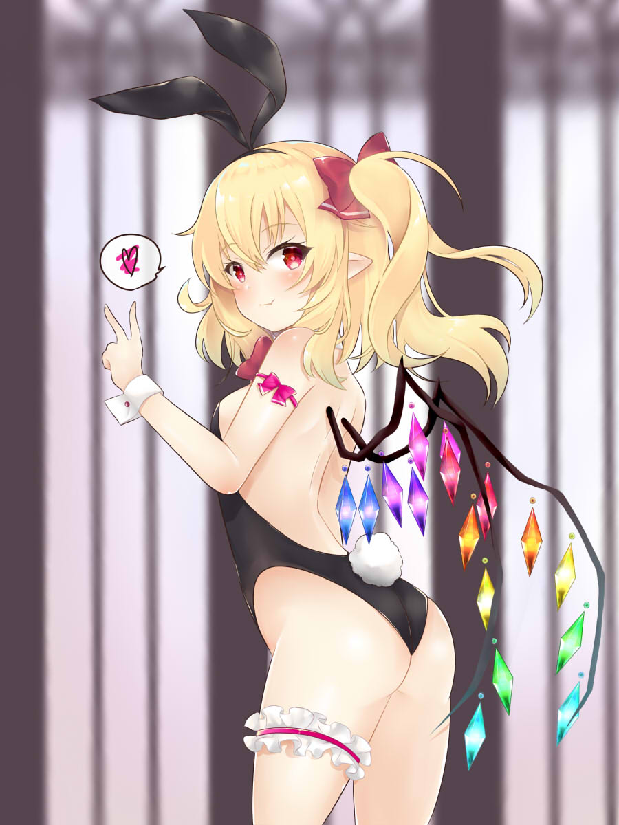 1girl alternate_costume animal_ears arm_ribbon ass back bangs bare_shoulders black_hairband blonde_hair blurry blurry_background blush bow bowtie breasts bunny_tail closed_mouth cowboy_shot crystal eyebrows_visible_through_hair fake_animal_ears flandre_scarlet frills from_behind hair_between_eyes hairband hand_up heart highres leg_garter looking_at_viewer looking_back one_side_up pink_ribbon pointy_ears rabbit_ears red_eyes red_neckwear ribbon small_breasts solo spoken_heart tail tosakaoil touhou v wings
