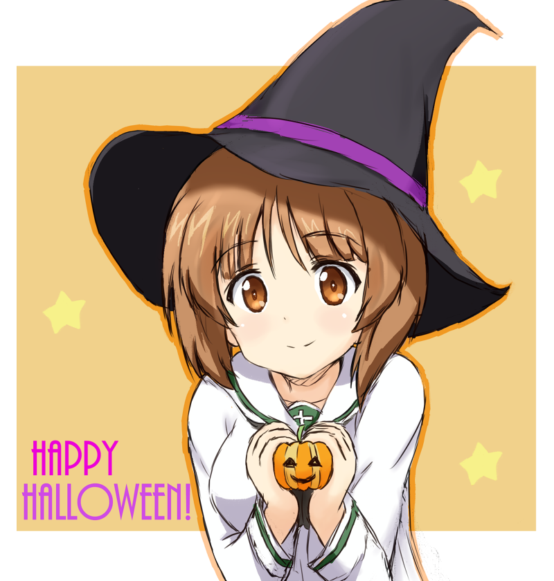 1girl bangs blouse brown_eyes brown_hair closed_mouth commentary english eyebrows_visible_through_hair girls_und_panzer halloween hat holding jack-o'-lantern long_sleeves looking_at_viewer ma-2_(konkon_kitakitsune) nishizumi_miho ooarai_school_uniform orange_background outline outside_border school_uniform serafuku short_hair smile solo standing star starry_background upper_body white_blouse white_outline witch_hat