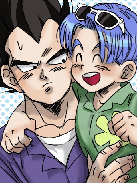 2boys :d ^_^ arm_around_shoulder black_eyes black_hair blue_hair blue_shirt carrying clenched_hand closed_eyes closed_eyes dragon_ball dragon_ball_super dragonball_z expressionless eyewear_on_head father_and_son fingernails floral_print green_shirt happy hawaiian_shirt hug looking_at_viewer male_focus multiple_boys nervous open_mouth polka_dot polka_dot_background serious shirt short_hair simple_background smile spiky_hair sunglasses sweatdrop trunks_(dragon_ball) upper_body vegeta white_background white_shirt