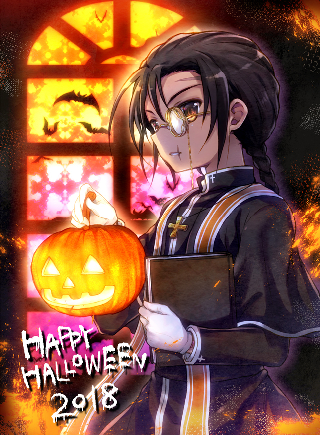 1boy 2018 bat black_hair book braid chain chains cross cross_necklace cross_print fire gloves glowing gold_chain greek_cross happy_halloween holding holding_book holding_pumpkin jack-o'-lantern jewelry khamsin_nbh'w latin_cross long_hair long_sleeves looking_at_viewer looking_to_the_side male_focus monocle necklace parted_lips pumpkin robe scar shakugan_no_shana short_over_long_sleeves short_sleeves silhouette single_braid solo tachitsu_teto white_gloves yellow_eyes