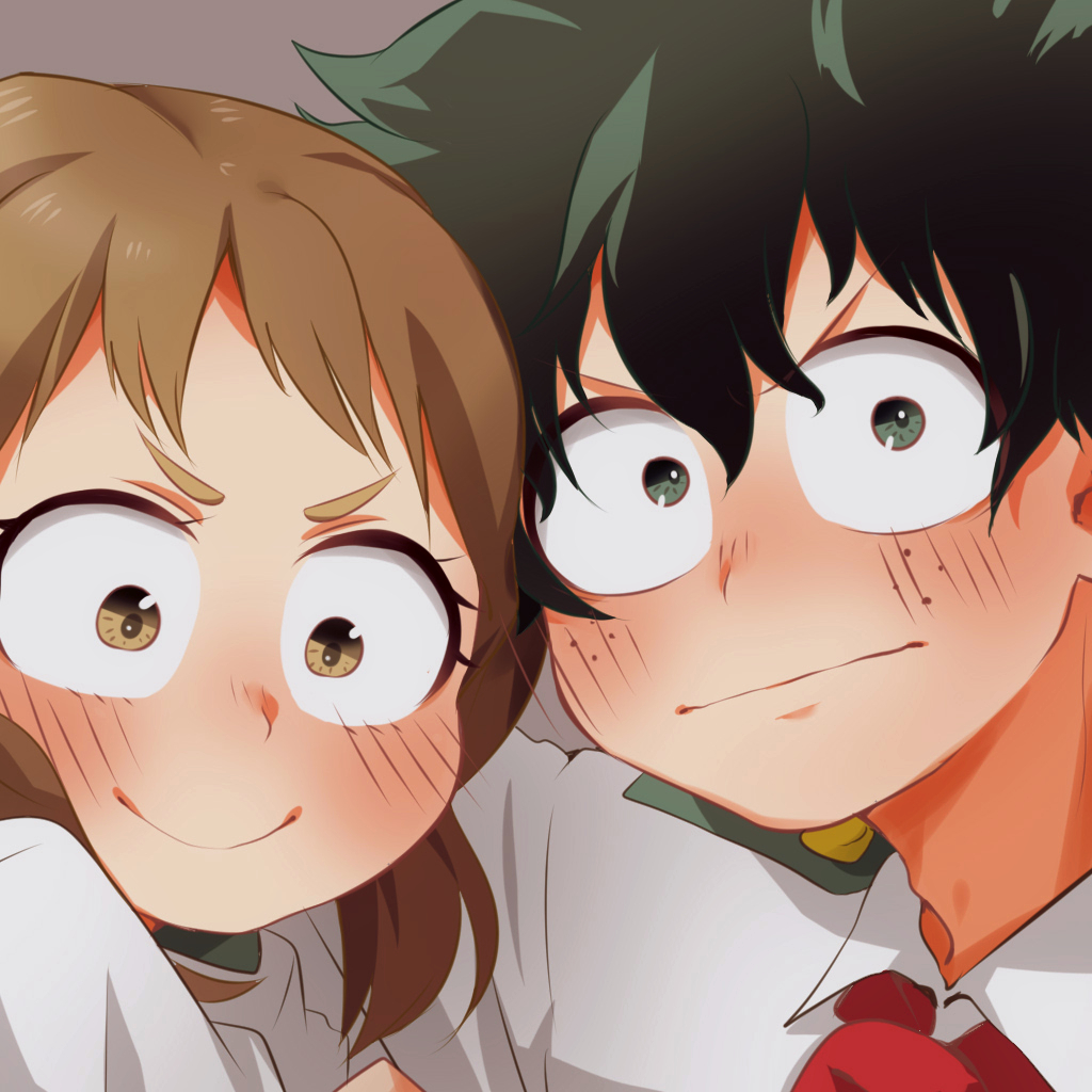 1boy 1girl blush boku_no_hero_academia brown_eyes brown_hair embarrassed freckles green_eyes green_hair iworidayo messy_hair midoriya_izuku necktie portrait short_eyebrows short_hair smile u.a._school_uniform uraraka_ochako