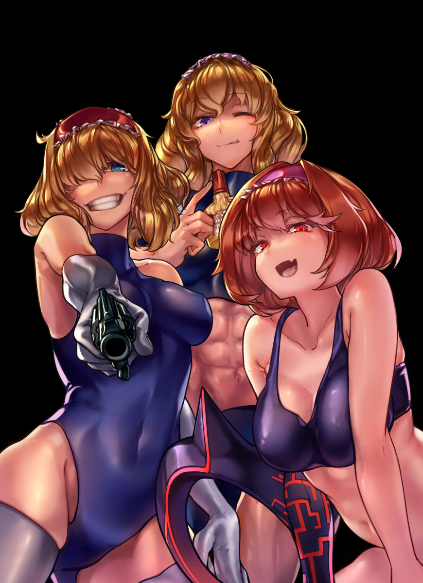 3girls ;p abs alice_margatroid bangs bare_shoulders black_background blonde_hair blue_eyes blue_leotard bottle breasts cleavage closed_mouth collarbone commentary_request cookie_(touhou) covered_navel eyebrows_visible_through_hair gloves grin gun hair_over_one_eye hairband handgun head_tilt highres hinase_(cookie) holding holding_gun holding_weapon jigen_(cookie) leotard licking_lips looking_at_viewer medium_breasts megafaiarou_(talonflame_810) multiple_girls muscle muscular_female one_eye_closed open_mouth orange_hair red_eyes red_hairband revolver sakuranbou_(cookie) simple_background smile sports_bra teeth thigh-highs tongue tongue_out touhou turtleneck violet_eyes weapon white_gloves white_legwear