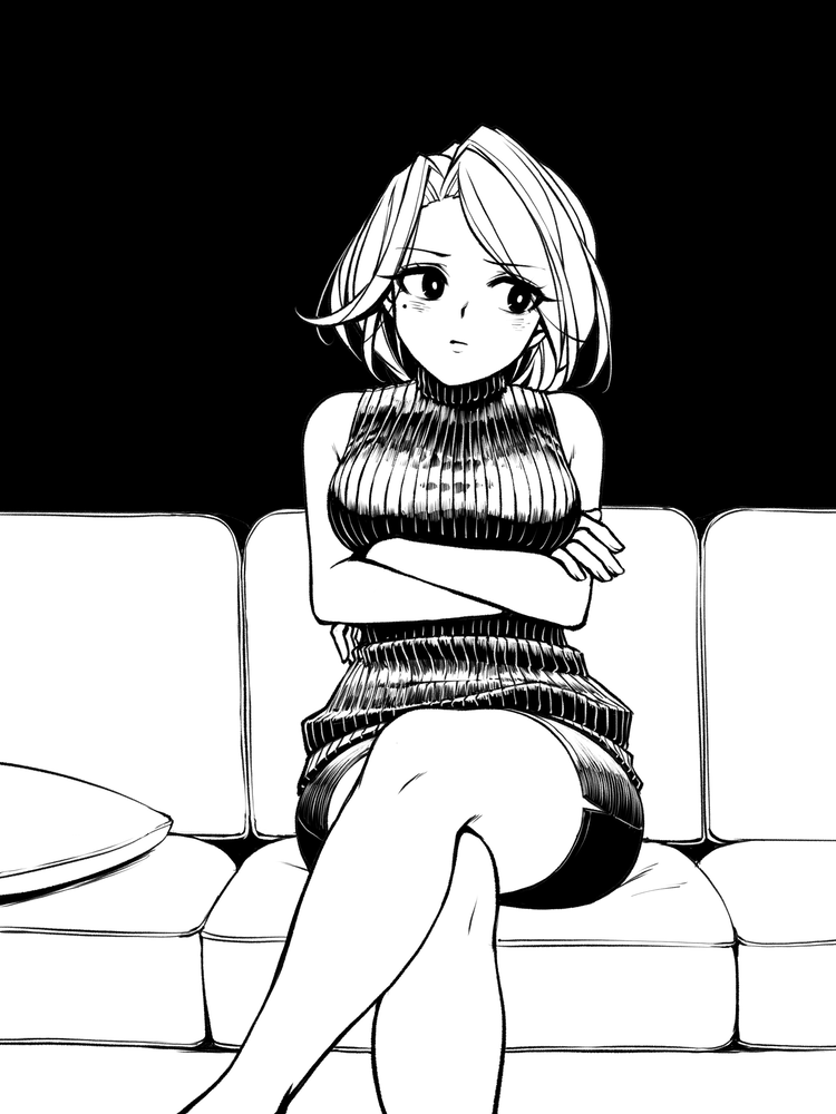 1girl arms_under_breasts bare_arms bare_shoulders commentary couch crossed_arms english_commentary eyebrows_visible_through_hair eyes_visible_through_hair frown greyscale high_contrast inktober legs_crossed looking_away mole mole_under_eye monochrome monorus original pencil_skirt pillow ribbed_sweater short_hair sitting skirt solo sweater sweater_vest