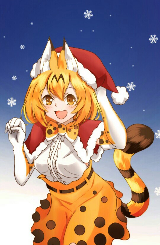 1girl :3 :d animal_ears bangs bow bowtie center_frills commentary_request elbow_gloves eyebrows_visible_through_hair gloves high-waist_skirt kemono_friends looking_at_viewer open_mouth orange_eyes orange_hair orange_skirt parted_bangs print_gloves print_neckwear print_skirt raised_eyebrows santa_costume serval_(kemono_friends) serval_ears serval_girl serval_print serval_tail shirt shirt_tucked_in short_hair skirt sleeveless sleeveless_shirt smile solo tail white_shirt