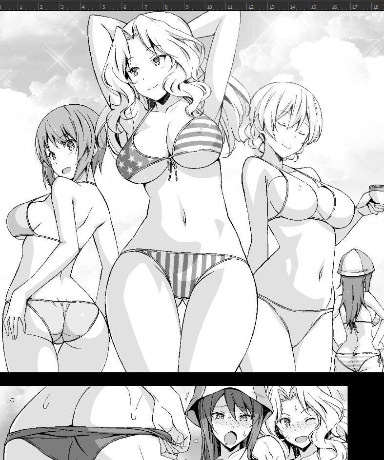 4girls american_flag american_flag_bikini arm_behind_back arms_behind_head arms_up ass ass_visible_through_thighs back bangs bikini bikini_pull blush breasts closed_eyes clouds cloudy_sky comic commentary crotch_seam cup darjeeling day facing_away flag_print from_behind front-tie_bikini front-tie_top girls_und_panzer guidelines hair_intakes hand_on_hip hands_on_hips hat holding holding_cup kay_(girls_und_panzer) large_breasts long_hair looking_at_another looking_at_viewer looking_back medium_breasts mika_(girls_und_panzer) multiple_girls nakamura_yukitoshi navel nishizumi_miho open_mouth outdoors print_bikini short_hair side-tie_bikini sky sparkle standing striped striped_bikini swimsuit teacup thigh_gap tied_hair vertical-striped_bikini vertical_stripes wet work_in_progress