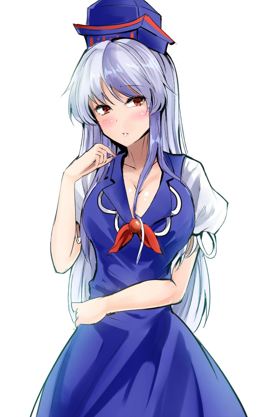 1girl bangs blue_dress blue_hat blush breasts cleavage collarbone commentary_request cowboy_shot dress eyebrows_visible_through_hair hand_up hat highres kamishirasawa_keine large_breasts long_hair looking_at_viewer parted_lips puffy_short_sleeves puffy_sleeves red_eyes shiny shiny_skin short_sleeves silver_hair simple_background solo standing touhou very_long_hair white_background y2