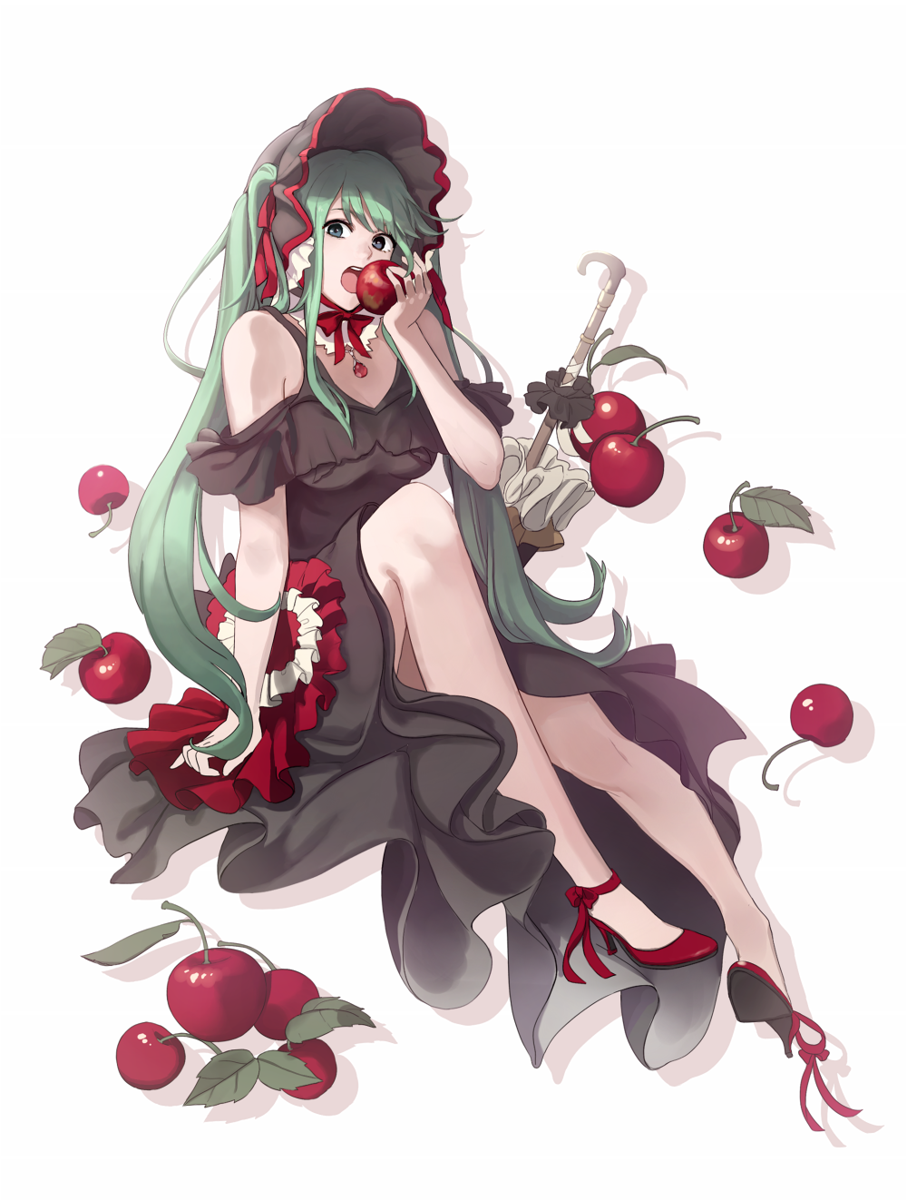 1girl ankle_ribbon apple black_dress brown_eyes choker ddaomphyo dress floating_hair food fruit full_body green_hair hatsune_miku high_heels highres holding holding_fruit jewelry long_dress long_hair looking_at_viewer neck_ribbon necklace open_mouth pumps red_footwear red_ribbon ribbon shoulder_cutout simple_background sitting solo twintails very_long_hair vocaloid white_background