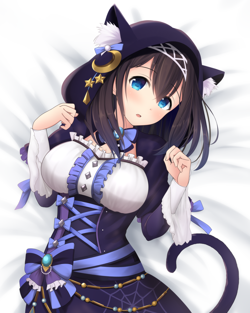 1girl animal_ears animal_hood bangs black_hair blue_bow blue_dress blue_eyes blue_ribbon blush bow breasts brooch capelet cat_ears cat_tail corset crescent crescent_moon_pin cross-laced_clothes diadem dress frills hair_between_eyes halloween halloween_costume hood idolmaster idolmaster_cinderella_girls jewelry kirifrog large_breasts long_hair long_sleeves looking_at_viewer open_mouth ribbon sagisawa_fumika solo spider_web_print striped striped_bow tail underbust