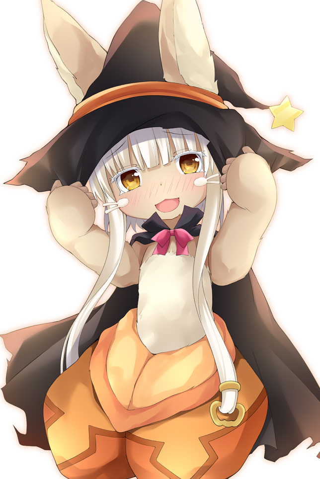 1other alternate_costume animal_ears bangs black_cape blunt_bangs blush_stickers bow bowtie cape ears_through_headwear eyebrows_visible_through_hair furry halloween hand_on_headwear hat looking_at_viewer low_tied_hair maccha made_in_abyss nanachi_(made_in_abyss) open_mouth orange_pants rabbit_ears red_bow sidelocks simple_background smile solo star whiskers white_background white_hair witch_hat yellow_eyes