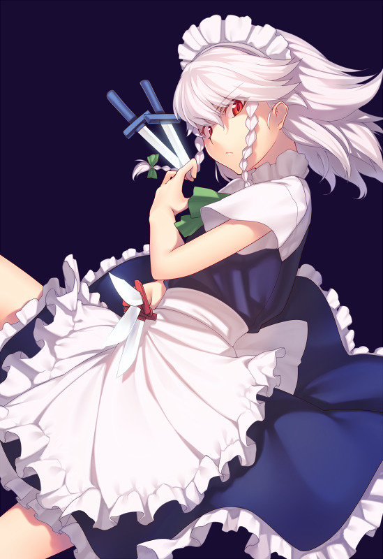1girl apron blue_background blue_dress bow braid cowboy_shot dress eyebrows_visible_through_hair frilled_apron frills green_bow green_neckwear green_ribbon hair_between_eyes hair_bow holding holding_knife holding_weapon izayoi_sakuya kaiza_(rider000) knife knives_between_fingers looking_at_viewer maid maid_apron maid_headdress neck_ribbon petticoat red_eyes ribbon short_hair short_sleeves silver_hair simple_background solo touhou twin_braids v-shaped_eyebrows waist_apron weapon white_apron