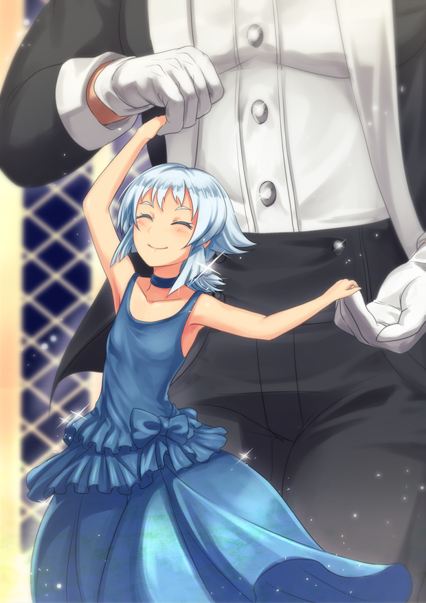 1boy 1girl ^_^ armpits arms_up black_pants blue_choker blue_dress blue_hair blurry blurry_background blush choker closed_eyes closed_eyes closed_mouth collarbone commentary_request dancing dress evening_gown flat_chest frilled_dress frills giant glint gloves indoors long_hair long_sleeves low_ponytail out_of_frame pants pixiv_fantasia pixiv_fantasia_revenge_of_the_darkness sasebono_mari shiny shiny_hair shirt size_difference sleeve_cuffs sleeveless sleeveless_dress smile solo_focus white_gloves white_shirt window