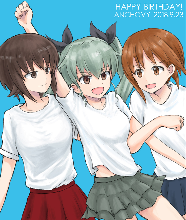 :d anchovy arm_up bangs black_ribbon blue_background blue_skirt brown_eyes brown_hair casual character_name clenched_hand closed_mouth commentary dated drill_hair dutch_angle english eyebrows_visible_through_hair girls_und_panzer grey_skirt hair_ribbon happy_birthday layered_skirt locked_arms long_hair looking_at_another miniskirt mutsu_(layergreen) nishizumi_maho nishizumi_miho open_mouth pleated_skirt raised_fist red_eyes red_skirt ribbon shirt short_hair short_sleeves siblings simple_background sisters skirt smile standing t-shirt twin_drills twintails white_shirt