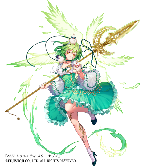 1girl 23/7 animal animal_on_head aqua_dress bird bird_on_hand bird_on_head black_legwear breasts brown_eyes company_name dress full_body green_eyes hat holding holding_spear holding_weapon looking_at_viewer official_art on_head polearm small_breasts solo spear standing standing_on_one_leg sunglasses watermark weapon yuzu_shio