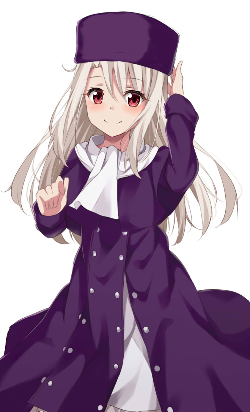 1girl arm_up bangs blush closed_mouth commentary_request eyebrows_visible_through_hair fate/stay_night fate_(series) hair_between_eyes hand_on_headwear hat head_tilt highres illyasviel_von_einzbern kohakope light_brown_hair long_hair long_sleeves purple_coat purple_hat red_eyes scarf simple_background smile solo very_long_hair white_background white_scarf