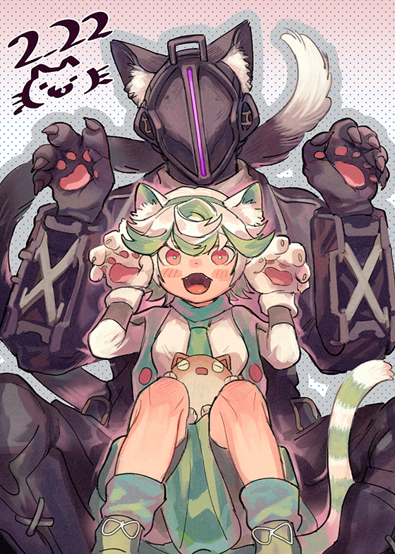 1boy 1girl animal_ears black_coat black_gloves black_pants blush bondrewd boots cat_ears cat_paws cat_tail claw_pose claws collared_coat curtsey fangs gloves green_hair heart helmet kemonomimi_mode looking_at_viewer made_in_abyss mask meinya_(made_in_abyss) multicolored_hair neckerchief pants paw_gloves paws prushka red_eyes saiko67 smile standing tail white_hair