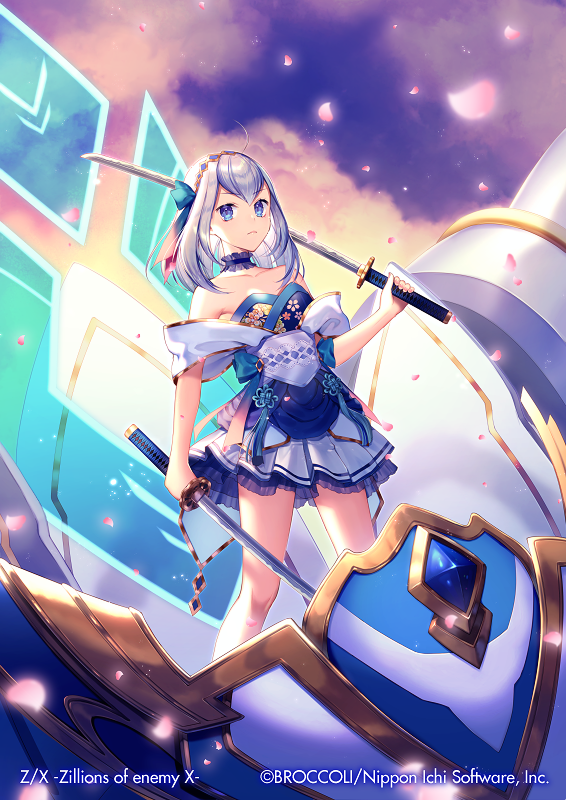 1girl bare_shoulders blue_eyes company_name copyright_name dual_wielding floral_print holding holding_sword holding_weapon katana looking_at_viewer momoshiki_tsubaki official_art over_shoulder silver_hair skirt standing sword weapon z/x