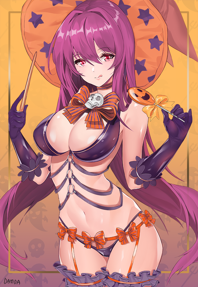 1girl bangs bare_shoulders bikini blush bow breasts candy choker cleavage collarbone damda elbow_gloves fate/grand_order fate_(series) food frills garter_straps gloves gradient gradient_background hair_between_eyes halloween halloween_costume hat hips large_breasts licking_lips lollipop long_hair looking_at_viewer navel o-ring orange_background orange_bow orange_hat purple_bikini purple_gloves purple_hair red_eyes scathach_(fate)_(all) scathach_(fate/grand_order) skull smile solo star star_print striped striped_bow swimsuit tongue tongue_out waist wand witch witch_hat