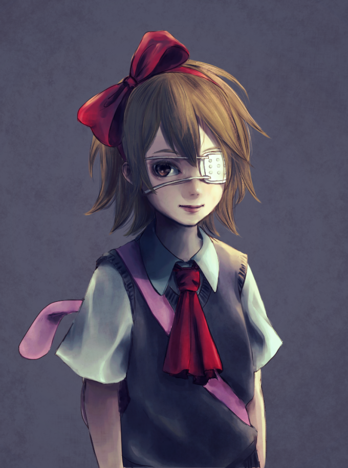 1girl arms_at_sides backpack bag black_background bow brown_eyes brown_hair closed_mouth collared_shirt eyepatch hair_bow looking_at_viewer medical_eyepatch protagonist_(yomawari) realistic red_bow senoka shirt short_hair short_sleeves solo sweater_vest white_shirt wing_collar yomawari
