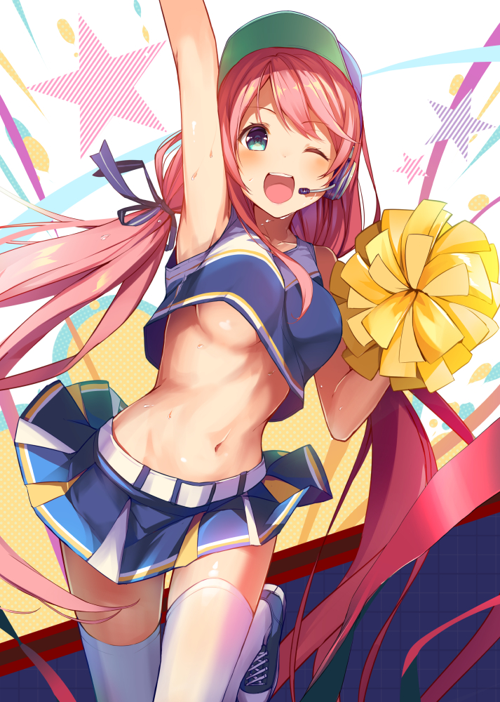 1girl ;d arm_up armpits bangs baseball_cap belt belt_buckle blue_eyes blue_footwear blue_ribbon blue_skirt blush bouncing_breasts breasts buckle cheerleader collarbone commentary_request crop_top crop_top_overhang eyebrows_visible_through_hair hair_ribbon hat headset long_hair looking_at_viewer low_twintails midriff miniskirt navel one_eye_closed open_mouth original pink_hair pom_poms ribbon shoes skirt sleeveless smile solo standing standing_on_one_leg star stomach sweat swept_bangs thigh-highs twintails under_boob upper_teeth very_long_hair white_belt white_legwear yuuki_yuu