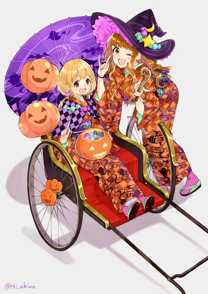 2girls :d ;d \n/ ahoge balloon bangs black_hat blonde_hair blush brown_eyes brown_hair candy checkered checkered_kimono commentary_request crescent crescent_moon_pin double_\n/ earrings egasumi eyebrows_visible_through_hair food food_themed_hair_ornament full_body futaba_anzu geta grey_background hair_ornament halloween hat hat_ornament holding holding_wand idolmaster idolmaster_cinderella_girls japanese_clothes jewelry kimono leaning_forward long_hair long_sleeves looking_at_viewer low_twintails miyabi_akino moroboshi_kirari multiple_girls nail_polish obi one_eye_closed open_mouth orange_kimono oriental_umbrella pink_legwear pink_nails pumpkin rickshaw sash shiny shiny_hair sidelocks simple_background sitting smile standing star striped striped_hat striped_legwear stud_earrings twintails umbrella unmoving_pattern wand wavy_hair witch witch_hat