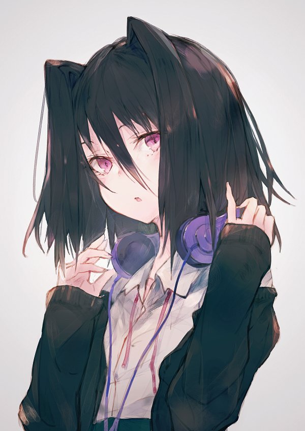 1girl :o black_hair cardigan commentary gradient gradient_background hair_between_eyes hair_intakes headphones headphones_around_neck kashii_(amoranorem) koi_to_senkyo_to_chocolate morishita_michiru open_cardigan open_clothes pinky_out ribbon school_uniform shirt short_hair solo violet_eyes