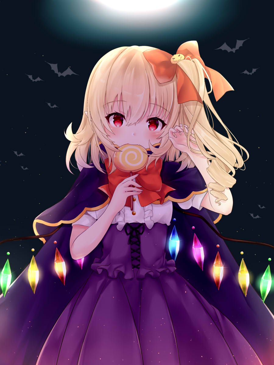 1girl alternate_costume bangs bat blonde_hair blush bow bowtie candy cape center_frills corset crystal eating eyebrows_visible_through_hair fang fingernails flandre_scarlet food full_moon hair_between_eyes hair_bow halloween halloween_costume hands_up head_tilt highres holding holding_lollipop lollipop long_fingernails looking_at_viewer moon night night_sky one_side_up outdoors pointy_ears purple_cape purple_skirt red_bow red_eyes red_neckwear shirt short_sleeves skirt sky solo tosakaoil touhou upper_body white_shirt wings