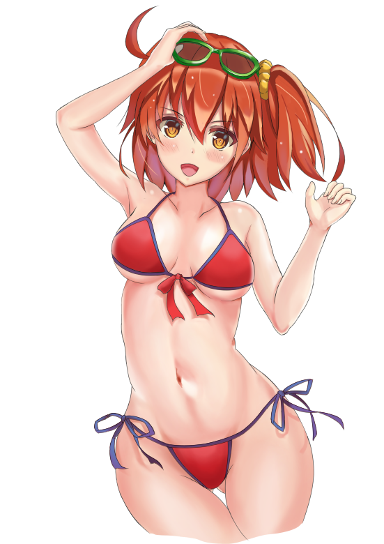 1girl ahoge bikini breasts cowboy_shot eyewear_on_head fate/grand_order fate_(series) fujimaru_ritsuka_(female) gluteal_fold navel one_side_up open_mouth orange_eyes orange_hair red_bikini ryuunonon side-tie_bikini side_ponytail simple_background small_breasts smile solo sunglasses swimsuit thigh_gap white_background