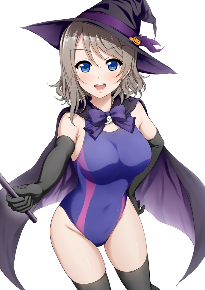 10s 1girl :d bangs black_cape black_legwear blue_eyes blue_swimsuit blush breasts cape commentary_request competition_swimsuit covered_navel elbow_gloves eyebrows_visible_through_hair ghost gloves green_hair halloween hand_on_hip hat holding holding_wand looking_at_viewer love_live! love_live!_sunshine!! medium_breasts one-piece_swimsuit open_mouth pumpkin short_hair simple_background smile solo standing suzume_miku swimsuit thigh-highs upper_teeth wand watanabe_you white_background witch_hat