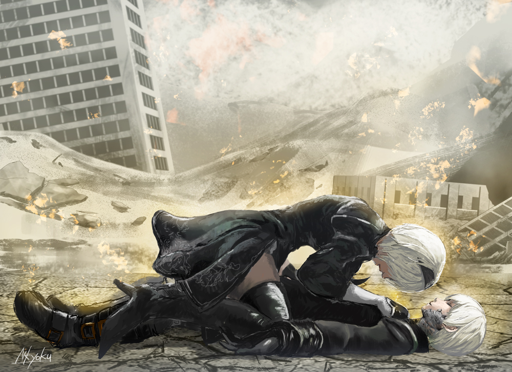 1boy 1girl black_dress black_footwear black_gloves black_hairband boots closed_eyes commentary_request crying death dress girl_on_top gloves hairband high_heel_boots high_heels lying nier_(series) nier_automata nkyoku on_back petrification post-apocalypse ruins sexually_suggestive spoilers straddling thigh-highs thigh_boots white_hair yorha_no._2_type_b yorha_no._9_type_s