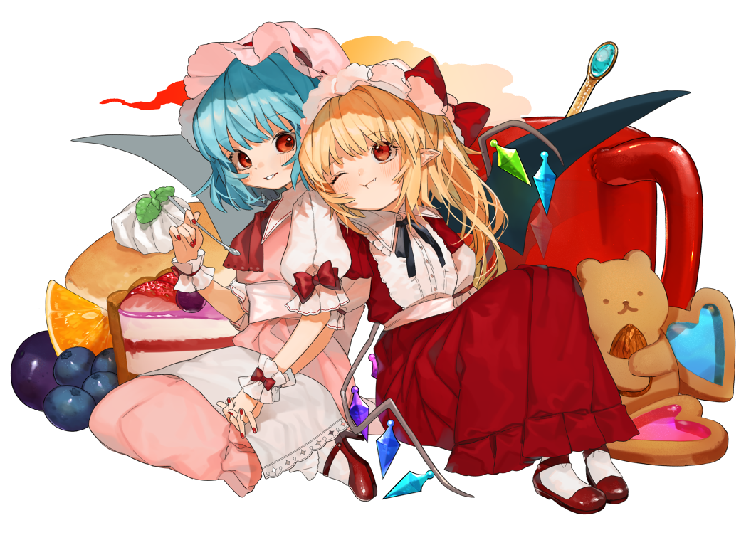 2girls ;t adapted_costume almond ascot bangs bat_wings bear black_neckwear black_ribbon blonde_hair blue_hair blueberry blush bobby_socks bow commentary cream crystal dress eyebrows_visible_through_hair fang_out flandre_scarlet food frilled_shirt_collar frills fruit gotoh510 grapes hand_holding hand_up handkerchief hat hat_bow head_tilt heart high_heels holding holding_spoon interlocked_fingers knees_up long_dress long_hair looking_at_another mary_janes mob_cap multiple_girls nail_polish neck_ribbon one_eye_closed one_side_up orange pancake parted_lips pink_dress pink_hat pointy_ears puffy_short_sleeves puffy_sleeves red_bow red_dress red_eyes red_footwear red_nails red_neckwear remilia_scarlet ribbon sash shoes short_sleeves siblings sisters sitting smile socks spoon touhou transparent_background wariza white_legwear white_sash wings wrist_cuffs