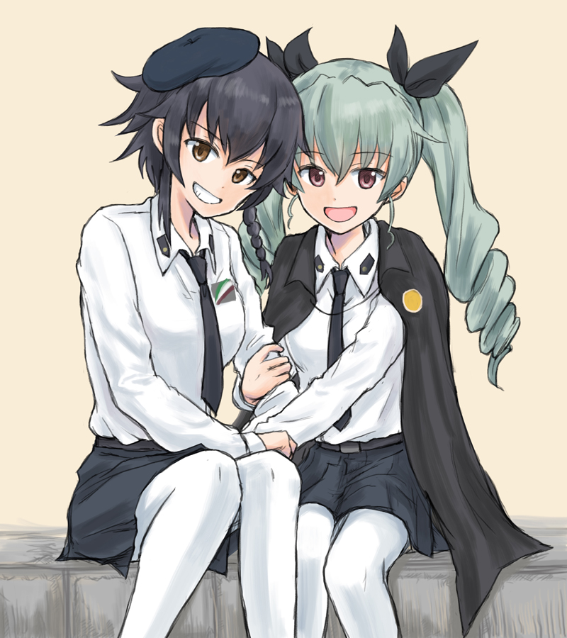 2girls anchovy anzio_school_uniform arm_grab bangs beige_background belt beret black_belt black_cape black_hair black_hat black_neckwear black_ribbon black_skirt braid brown_eyes cape commentary dress_shirt drill_hair eyebrows_visible_through_hair girls_und_panzer green_hair grin group_picture hair_ribbon hand_holding hat head_tilt long_hair long_sleeves looking_at_viewer miniskirt multiple_girls mutsu_(layergreen) necktie open_mouth pantyhose pepperoni_(girls_und_panzer) pleated_skirt pose red_eyes ribbon school_uniform shirt short_hair side-by-side side_braid sitting skirt smile twin_drills twintails white_legwear white_shirt