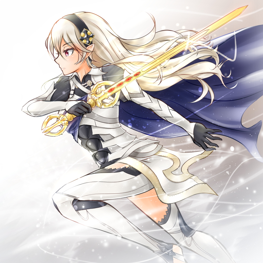1girl armor black_gloves black_hairband blue_cape cape eyebrows_visible_through_hair female_my_unit_(fire_emblem_if) fire_emblem fire_emblem_if floating_hair from_side geckolion gloves hair_between_eyes hairband holding holding_sword holding_weapon leg_up long_hair my_unit_(fire_emblem_if) nintendo pointy_ears red_eyes silver_hair solo sword very_long_hair weapon