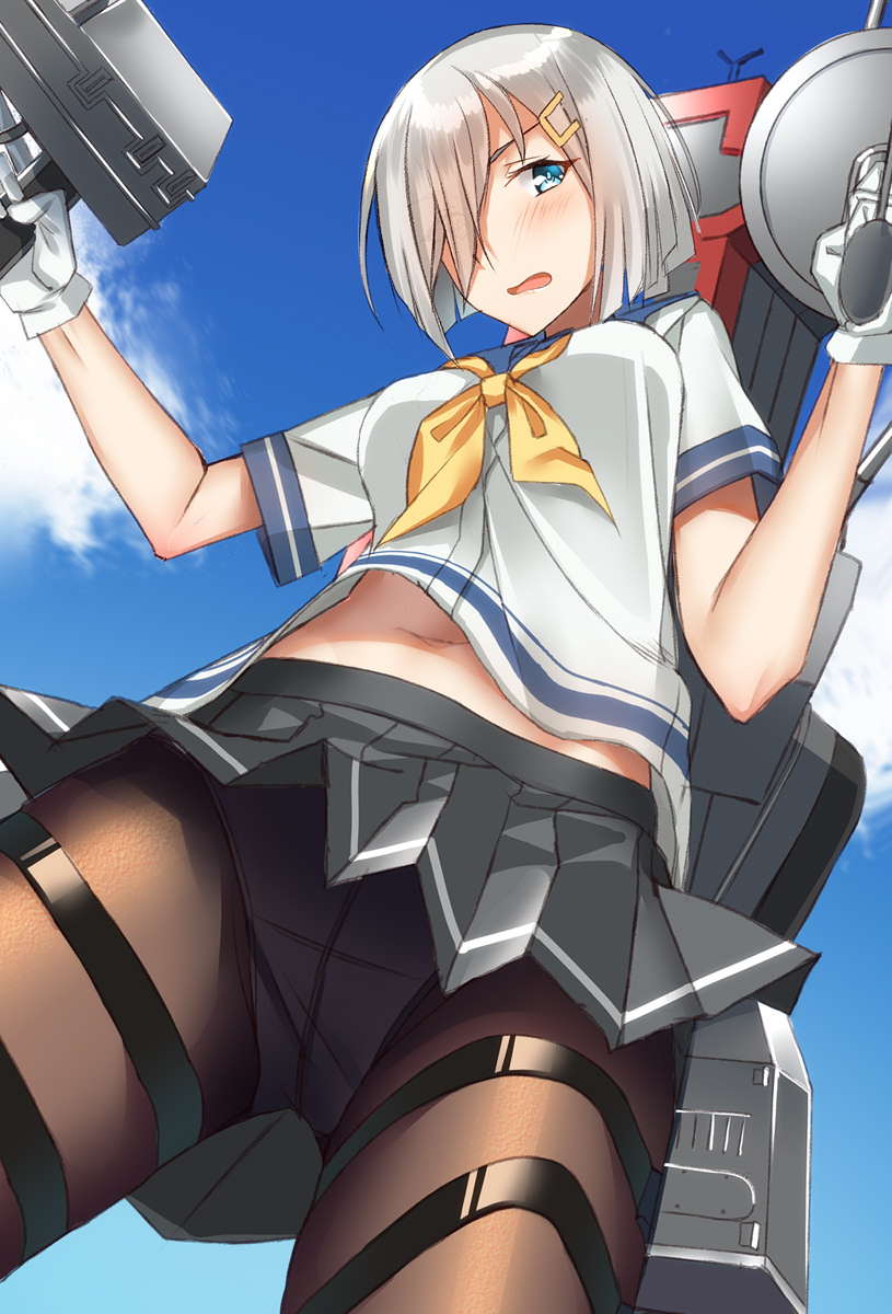 1girl black_legwear blue_eyes blue_sky breasts cannon clouds cowboy_shot crotch_seam from_below gloves hair_ornament hair_over_one_eye hairclip hamakaze_(kantai_collection) highres kantai_collection looking_at_viewer machinery medium_breasts neckerchief pallad panties panties_under_pantyhose pantyhose pleated_skirt school_uniform serafuku short_hair short_sleeves silver_hair skirt sky solo turret underwear white_gloves white_panties yellow_neckwear