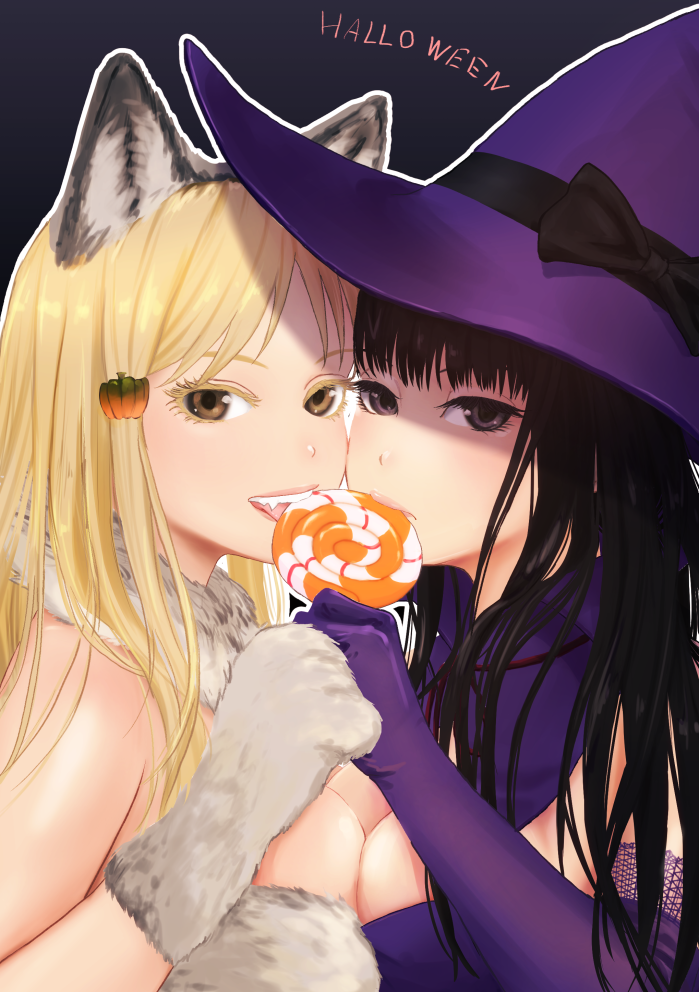 2girls animal_ears asymmetrical_docking black_hair blonde_hair breast_press breasts brown_eyes candy colored_eyelashes costume elbow_gloves english food food_themed_hair_ornament fur_collar gloves hair_ornament halloween hat hidaka_koharu high_score_girl large_breasts lollipop long_hair looking_at_viewer medium_breasts multiple_girls oono_akira open_mouth outline pumpkin_hair_ornament purple_gloves senoka shared_food signature tongue tongue_out white_outline witch witch_hat wolf_ears