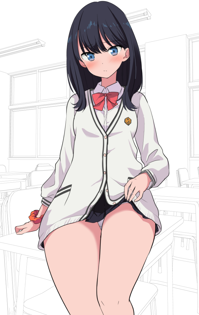 1girl black_hair black_skirt blue_eyes blush breasts cardigan chair classroom eyebrows_visible_through_hair looking_at_viewer miniskirt nagiyamasugi panties pleated_skirt red_neckwear scarf simple_background skirt skirt_lift solo ssss.gridman table takarada_rikka underwear white_background white_panties