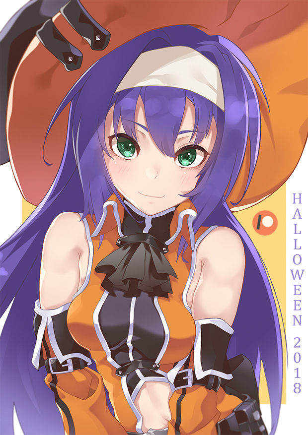 1girl bare_shoulders blue_hair darahan detached_sleeves fire_emblem fire_emblem:_akatsuki_no_megami fire_emblem:_souen_no_kiseki fire_emblem_heroes gloves green_eyes hairband halloween hat headband long_hair looking_at_viewer nintendo purple_hair smile solo wayu_(fire_emblem) white_hairband witch